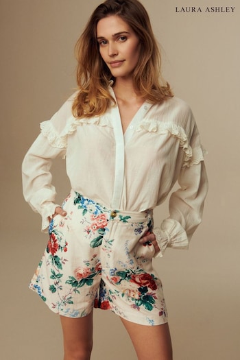 Laura Ashley Cream Linen Blend Floral Track Shorts (N46145) | £38
