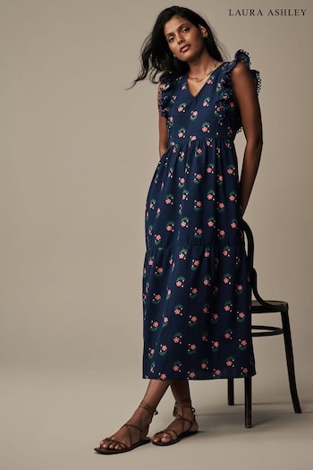 Laura Ashley Navy Linen Blend Lace Trim Midaxi Dress leopard-print (N46164) | £42