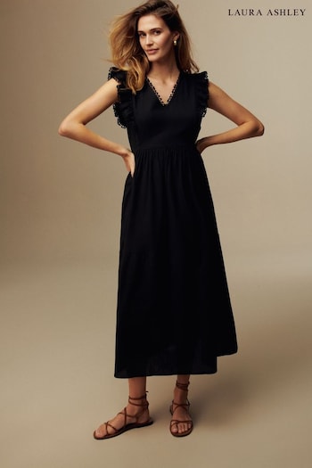 Laura Ashley Black Linen Blend Lace Trim Midaxi Dress TAPERED (N46167) | £39