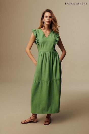 Laura Ashley Green Linen Blend Lace Trim Midaxi Dress s-Style (N46168) | £39