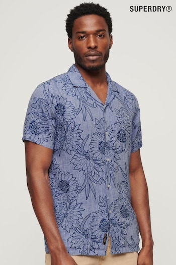 Superdry Blue Open Collar Print Linen Shirt (N46433) | £60