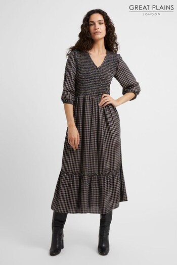 Great Plains Blue Soft Check V-Neck Smocked Dress (N46466) | £75