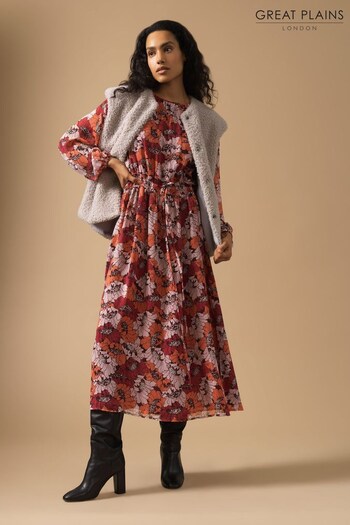 Great Plains Red Retro Poppy Long Sleeve Midi Dress (N46470) | £85