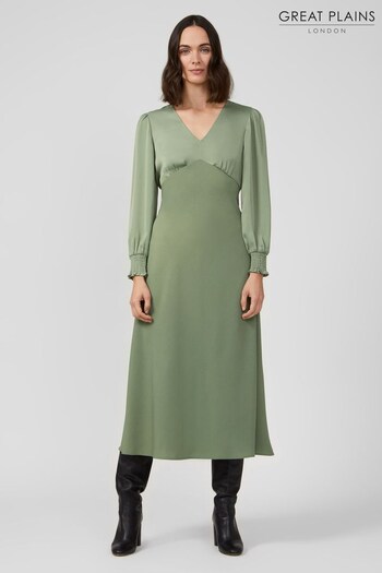 Great Plains Green Ferne Crepe Mix V-Neck Midi Dress (N46480) | £79