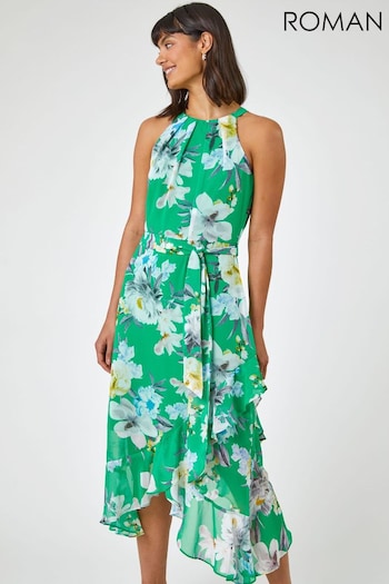 Roman Green Floral Asymmetric Belted Midi Dress (N46546) | £55