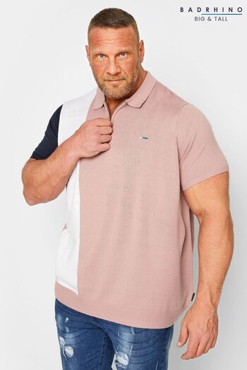 BadRhino Big & Tall Pink Knitted Cut and Sew Striped Polo Shirt (N46660) | £32