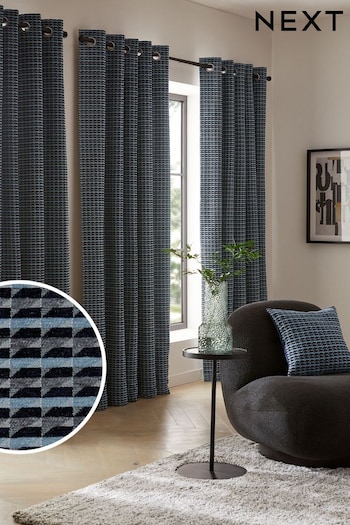 Navy Blue Geometric Chenille Eyelet Lined Curtains (N46878) | £60 - £160