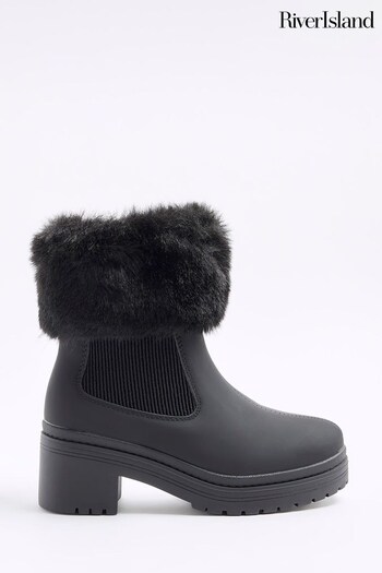 River Island Black Girls Faux Fur Cuff Heel Boots (N47148) | £35