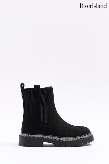 River Island Black Girls Suedette Diamonte Boots (N47161) | £32