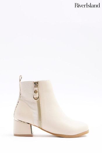 River Island Cream Girls Side Zip Mix Heeled Boots (N47189) | £32