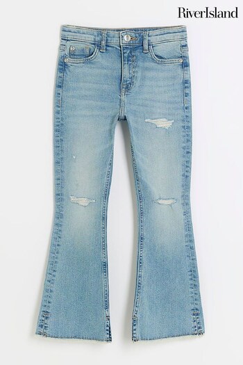 River Island Blue Girls Wash Ripped Flare pyjama Jeans (N47197) | £20 - £28