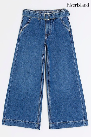 River Island Blue Girls Denim Pleated Wide Leg Belted Jeans (N47207) | £25 - £34