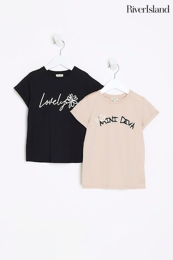 River Island Black/Natural Girls Mini Diva T-Shirts Drunken 2 Pack (N47217) | £12