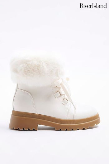 River Island Cream Faux Fur Lace Up Hiker Girls Boots Pay (N47251) | £35