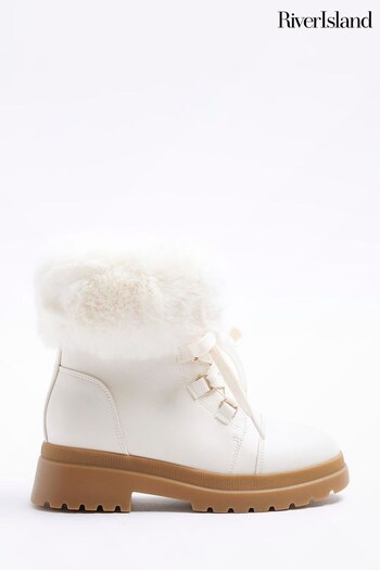 River Island Cream Girls Wide Fit Faux Fur Lace Up Hiker Boots (N47252) | £35