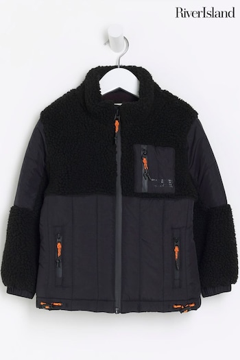 River Island Black contrast-panel Borg Hybrid Fleece Jacket (N47253) | £27