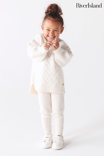 River Island White White Girls Chunky Cable Jumper and Heritage Leggings Set (N47495) | £30