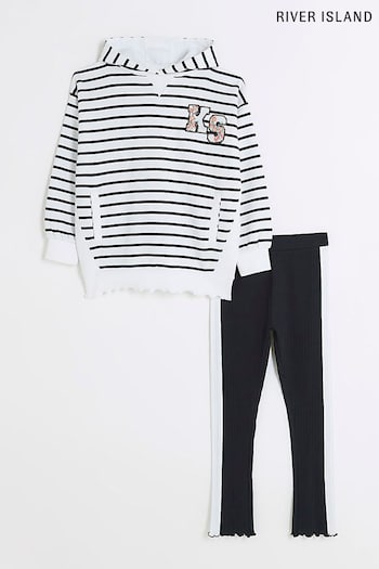 River Island White Girls Kind Society Striped Hoodie Sweatshirt and Leggings Set (N47505) | £29