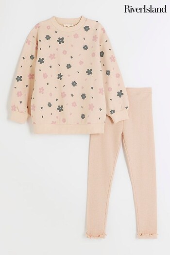River Island Pink Shorts Kind Society Floral Print Sweat Top and Leggings Set (N47506) | £25