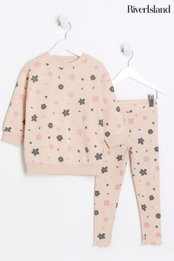 River Island Pink Girls Kind Society Floral Print Sweat Top and Leggings Set (N47507) | £22