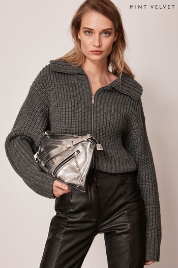 Mint Velvet Grey Knitted Zip Cardigan (N47527) | £99