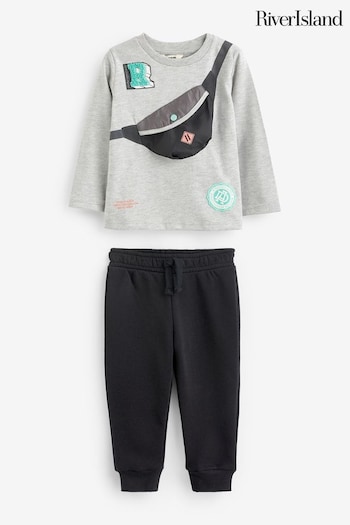River Island Grey Boys Bumbag T-Shirt and Joggers Set (N47562) | £28
