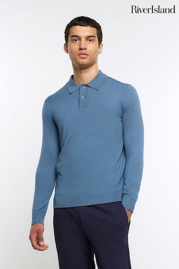 River Island Blue Knitted Polo shoe-care Jumper (N48116) | £25