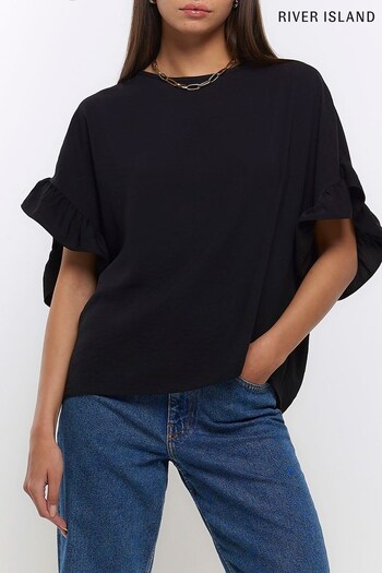 River Island Black Frill Sleeve T-Shirt (N48134) | £25