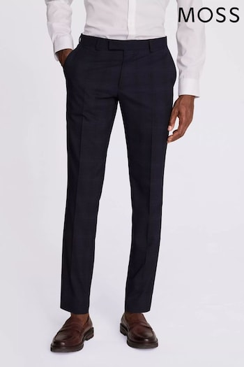 MOSS Slim Fit Navy Blue Check Trousers (N48186) | £90