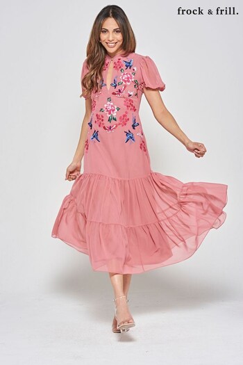 Frock and Frill Pink Embroidered Midi Dress (N48207) | £165