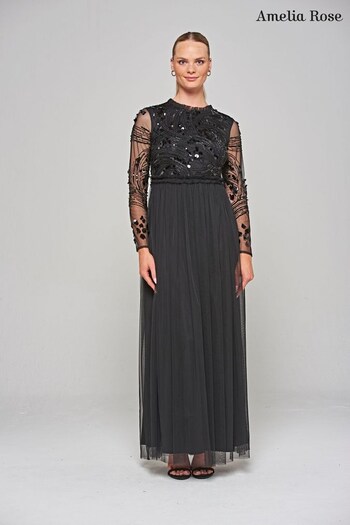 Amelia Rose Embellished Maxi Black Dress (N48213) | £155