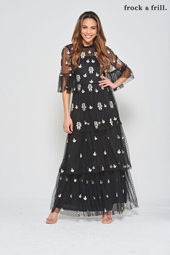 Frock and Frill Embroidered Maxi Black Dress (N48222) | £195