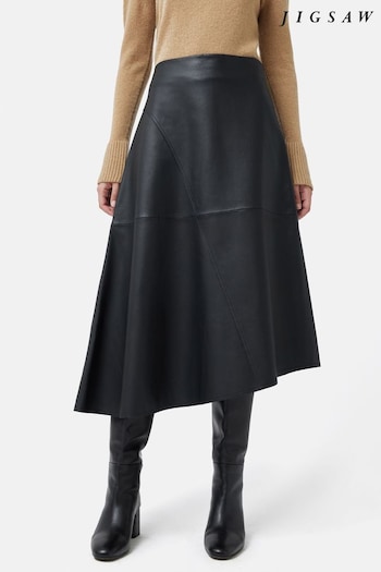 Jigsaw Leather Midi Asymmetric Black Skirt (N48275) | £325