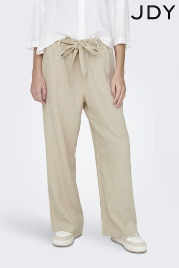 JDY Cream Linen Blend Tie Waist Wide Leg Trousers Length (N48798) | £30