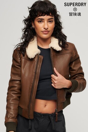 Superdry Brown Leather Borg Collar Jacket (N48946) | £200