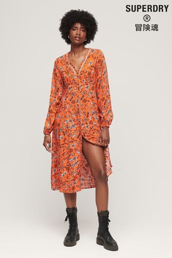 Superdry Orange Printed V-Neck Midi Tea Dress (N48977) | £65