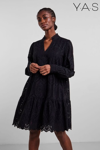 YAS Black Broderie Long Sleeved Dress (N49270) | £75