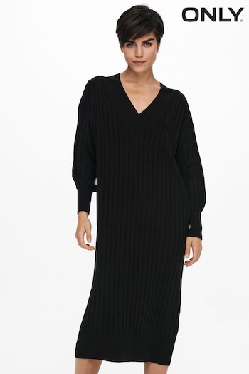 ONLY Black V-Neck Midi Knitted Jumper Dress (N49338) | £32