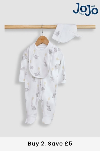 JoJo Maman Bébé White 3-Pack Sleepsuit, Hat & Bib Set (N49429) | £29.50