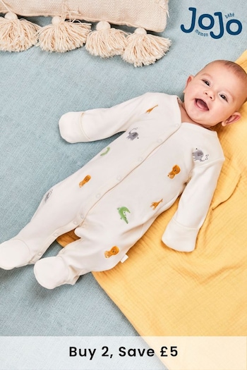 JoJo Maman Bébé Safari Embroidered Cotton Baby Sleepsuit (N49430) | £21