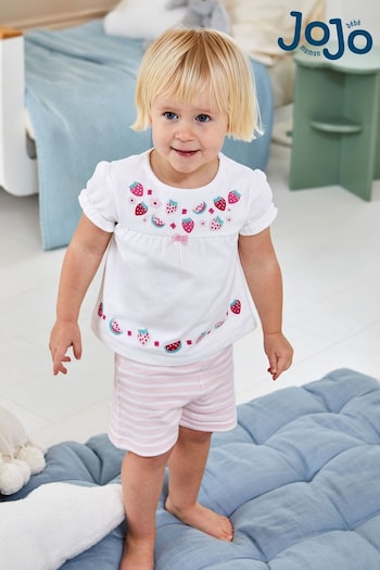 JoJo Maman Bébé White Strawberry Embroidered Jersey Pyjamas (N49454) | £19