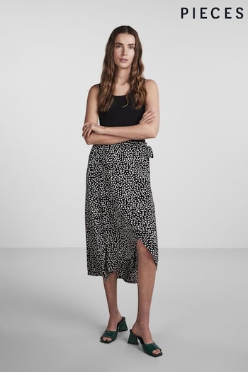 PIECES Black Printed Midi Wrap Skirt (N49678) | £30