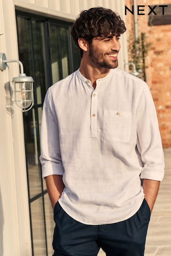White Overhead Linen Blend Long Sleeve Shirt (N49902) | £30