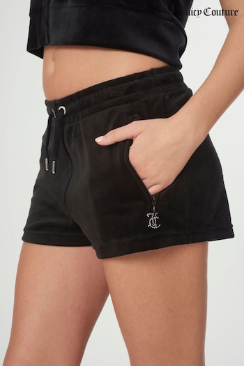 Juicy Couture Velour Black Shorts anglaise With Diamante Branding (N50225) | £45