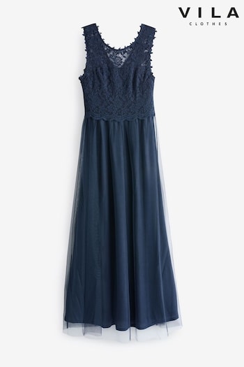 VILA Blue Sleeveless Lace And Tulle Maxi Dress (N50482) | £48