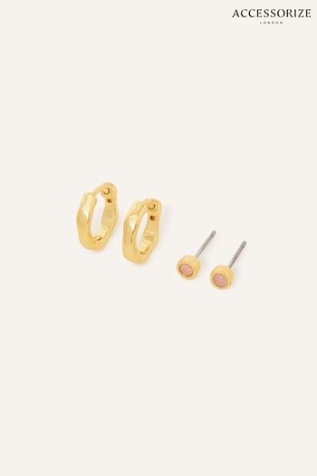 Accessorize 14ct Gold Tone Rose Quartz Molten Earrings Set of Two (N50763) | £18