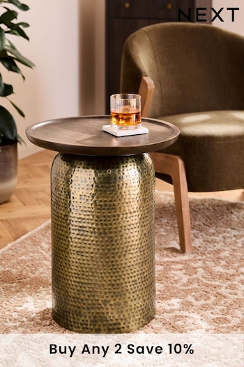 Gold Hammered Drum Mango Wood Side Table (N50821) | £150