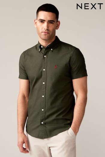 Dark Green Slim Fit Short Sleeve Oxford motif-embroidered Shirt (N51099) | £22