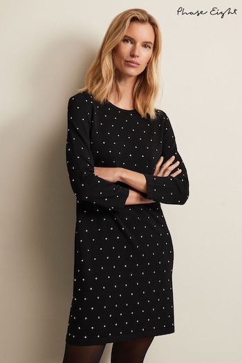 Phase Eight Catriona Stud Shift Knitted Mini Black Frill Dress (N51148) | £110