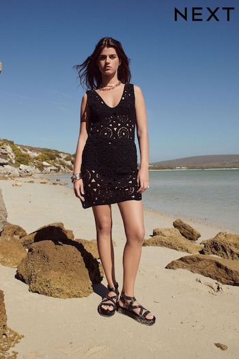 Black Mini Crochet Cover-Up Dress (N51234) | £48